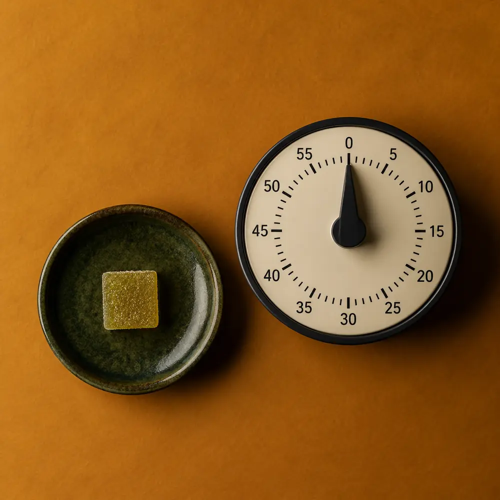 Studio still life of a single gummy beside an analog timer